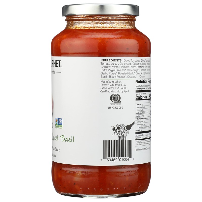 Dave's Gourmet Pasta Sauce, Organic Roasted Garlic and Sweet Basil,