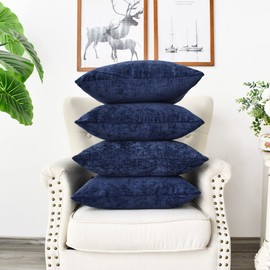 CaliTime Pack of 4 Cozy Throw Pillow Covers Cases for Couch Sofa Home Decoration Solid Dyed Soft Chenille 18 X 18 Inches Navy Blue