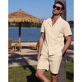YAOHUOLE Mens Beach Clothes Linen Sets Men Outfits 2 Piece Short Set Men Beach Shirts Mens Matching Set Khaki M