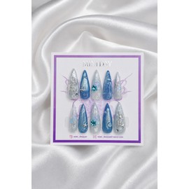 Silver Star Aqua Handmade Nail Tips - Long Stiletto / 실버 스타 아쿠아 수제 네일팁 - 롱 스틸레토