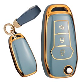 TECART Key Fob Cover Fit For Ford Fusion Soft TPU Keychain Key Case Key Shell Box Accessories Protector 3 button, R-grey, R-keychain