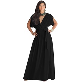 KOH KOH Womens Long Formal Short Sleeve Cocktail Flowy V-Neck Casual Bridesmaid Wedding Party Guest Evening Cute Maternity Work Gown Gowns Maxi Dress Dresses, Black S 4-6