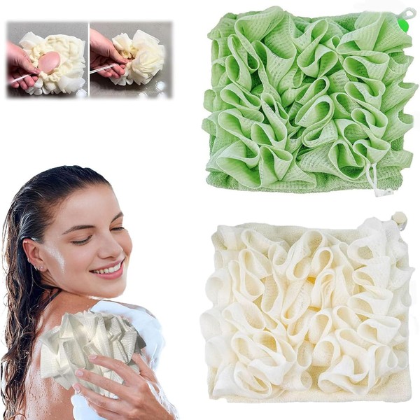 2Pcs 2-in-1Bath Loofah Sponge, Sponge with Drawstring,Body Scrubber Brush for