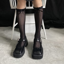 FASELE High Socks, Girls, Crew Socks, Ribbon, Lace, Floral Pattern, Lolita Socks, Cute, Stylish, Thin, JK, Uniform, Work, School, Spring, Summer, Autumn, 8.7 - 9.8 inches (22 - 25 cm), Black