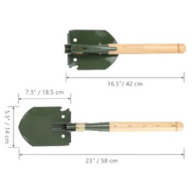 MASTIFF GEARS Folding Survival Shovel - Wooden Handle, Heavy Duty Carbon Steel Military Entrenching Tool for Camping, Off Road, Beach & All-Terrain Digging (Classic w/Pick)