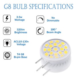 PIPIZHU G8 LED Bulb 35W Halogen Bulb Equivalent T4 G8 Bi-Pin Base Non- Dimmable AC110-130Volt G8 Bulb 320lm 3.5W Led G8 Bulb 6000K White (5-Pack)