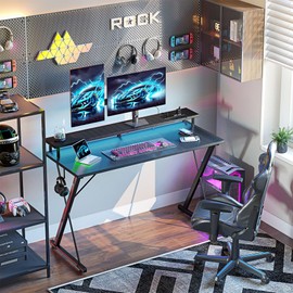 TIQLAB Gaming Desk with Power Outlets & LED 40 Inch Ergonomic Computer Carbon Fiber Surface Gamer Desk, Large Monitor Stand, Headphone Hook, PC Workstation for Bedroom, Black