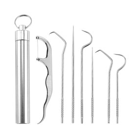 UBLNNFY Dental Teeth Pick 7 Pack Stainless Steel Toothpick Kit Dental Tools Tooth Stains Remover Dental Floss Ficks Teeth Cleaning Tools with Holder for for Outdoor Picnic, Camping, Travel