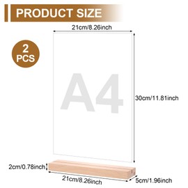 JIANTA A4 Table Stand, Pack of 2 Price Tags, Acrylic Display Stand, Display Stand for Price Tags, Poster, Menu Card, A4 Price Tags, Table Stand with Wooden Base, 21 x 29.7 cm