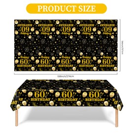 EVYIENEN 2 Pack 60th Birthday Tablecloth,Disposable Black Gold Plastic Waterproof Rectangular Table Covers for Christmas Party Decorations Men Women, 54 x 108 Inch