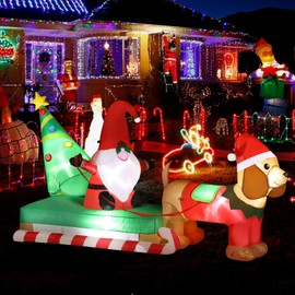 BLOOMWIN Christmas Inflatables Outdoor Decorations - 8ft Inflatable Gnomes in Sled with Weiner Dog Xmas Tree Light Up Inflatable Christmas Blow Up Yard Decorations