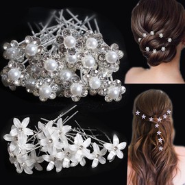 SUKPSY 40 Pcs Bridal Wedding Diamond Pearl Flower Hair Pins U Shape Hair Pins Bridesmaid Hair Accessories Crystal Rhinestone Bridal Hair Clip Tiara for Bridal Wedding and Women's Hair Jewelry (White)