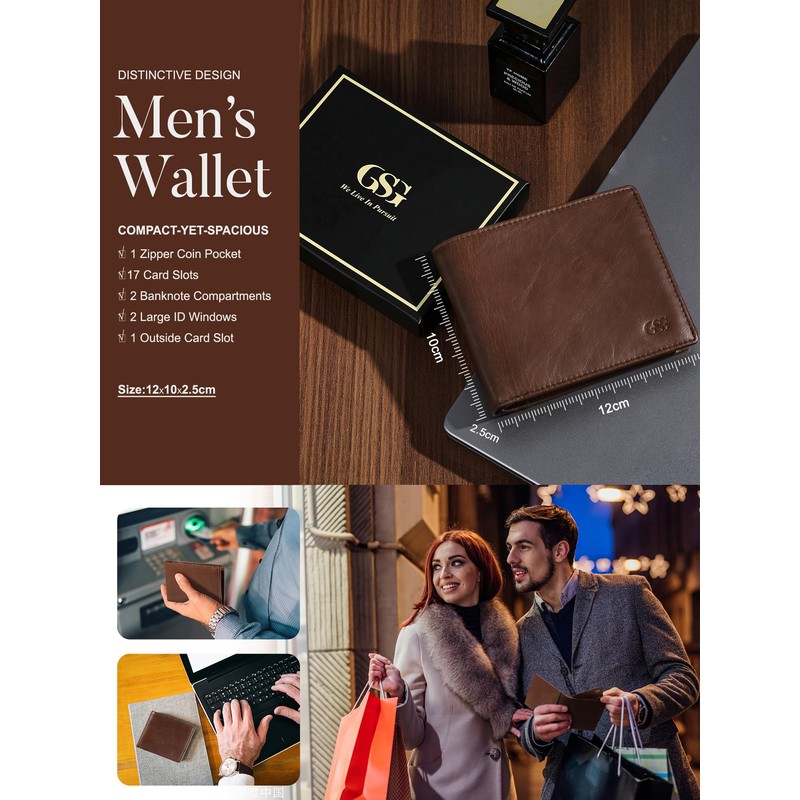 GSG Mens Cowhide Leather Wallets with Coin Pocket,17 Credit Card