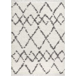 JONATHAN Y Mercer Plush Tassel Moroccan Tribal Geometric Trellis Denim, Shags,EasyCleaning,Bed,LivingRms, NonShedding Area Rugs, 5 X 8, Cream/Grey