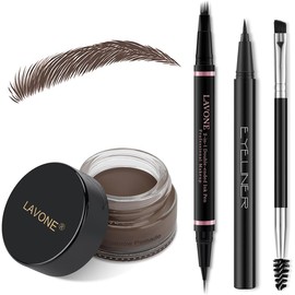 LAVONE Kit de Maquillaje Lápiz de Cejas, Con Lápiz Microblading de Cejas Impermeable 2 En 1, Pomada de Cejas, Delineador de Ojos y Brocha de Cejas de Doble Punta, Kit de Lápiz de Cejas para Cejas Natu