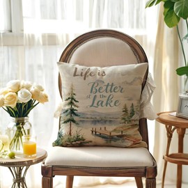 JAERUE Lake Life Decorative Pillow Covers Better to Wake at The Lake Cushion Covers Lake Theme Quotes Throw Pillow Cases Cabin Lake House Decor 18x18 Inches 4Pack for Couch Sofa (Beige/Blue)