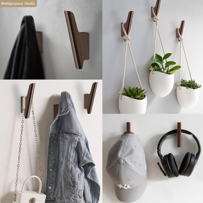 FCOWK Wall Hooks 4 Pack Coat Hooks Mounted Walnut Wood