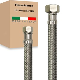 Flexible Hose Nut x Nut Stainless Steel Reinforced Hose Connection Hose Sanitary Tap Hose Domestic Waterworks Made in Italy (1/2 Inch x 3/4 Inch - 1500 mm)