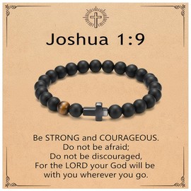 Nemnoe Men’s Cross Bracelet with Elastic Rope,Natural Stone Beaded Bracelet with Stainless Steel Cross,Black Agate & Tiger Eye, Religious Fashion Jewelry for Men/teen