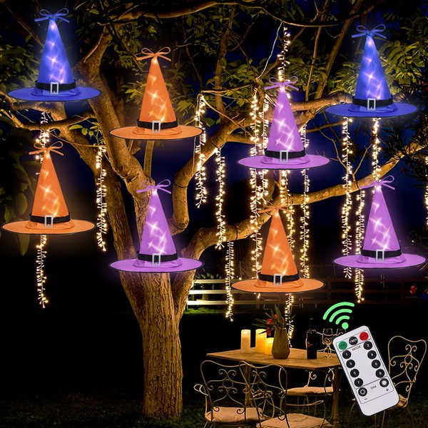 Ivenf Halloween Decorations Outdoor 8 Pcs 8 Lighting Modes LED Lights Witch Hat Lights Halloween Decor Hocus Pocus Decor for Garden Yard Indoor Outside Party, 19.6ft, 3 Colors
