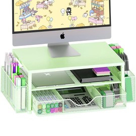OPNICE Desk Organizers and Accessories, 2-Tier Computer Monitor Stand Riser with Drawer and 2 Pen Holders, Laptop Stand, Office Desk Accessories for Office Supplies, Green