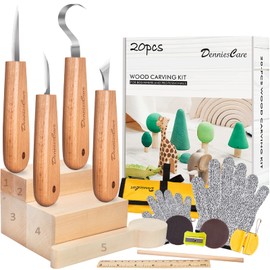 DenniesCare Wood Carving Kit Wood Whittling Kit for Beginners 20pcs Wood Carving Tools with 4pcs Carving Knife, Basswood Wood Blocks, Gloves, Storage Bag, Frosted Sponge, Gifts Set