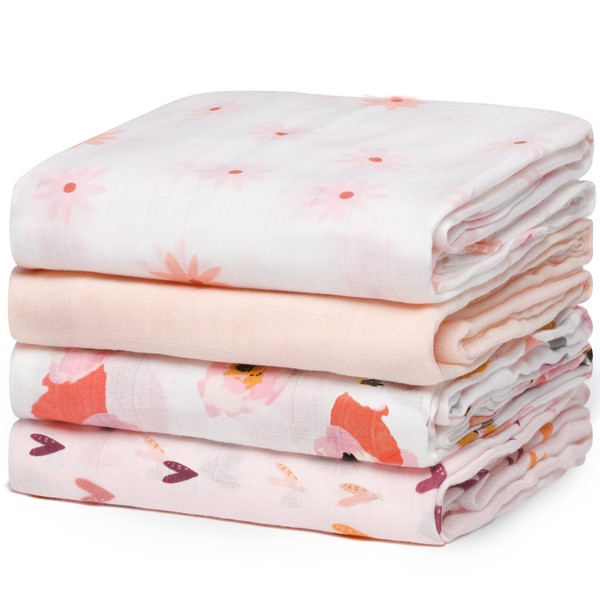 Momcozy Swaddle Blanket 47x47 Inches, Breathable Bamboo Muslin Blankets for Baby Boy & Girl, Soft Skin-Friendly, Unisex 4 Pack,Pink Flower, 1.39 pounds