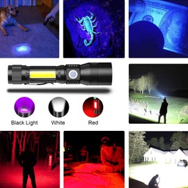 Spriak UV Flashlight Blacklight, USB Rechargeable Flashlights Magnetic Flashlight with ‎SideLight, Black Light, COB Work Light, Zoomable, Waterproof Worklight, Pet Urine,1 Pack