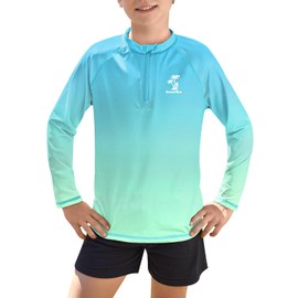 BesserBay Boys' Long-Sleeved Stand-Up Collar UV Shirt 1/4 Zip Rash Guard UPF 50+ Children 110-150, Blue & Mint Green