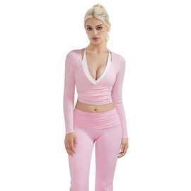 SUUKSESS Women Pilates Wrap Workout Cropped Top Ribbed Long Sleeve V Neck Tie Front Ballet Yoga Shrug Blouse(Pink,M)