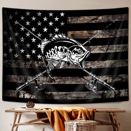 Country American Flag Fishing Tapestry, Rustic Hunting Camo Bass Fish Lake Black and White Tapestry Wall Hanging for Men Bedroom, Cabin Tapestries Poster Blanket College Dorm Home Decor 60X40inches