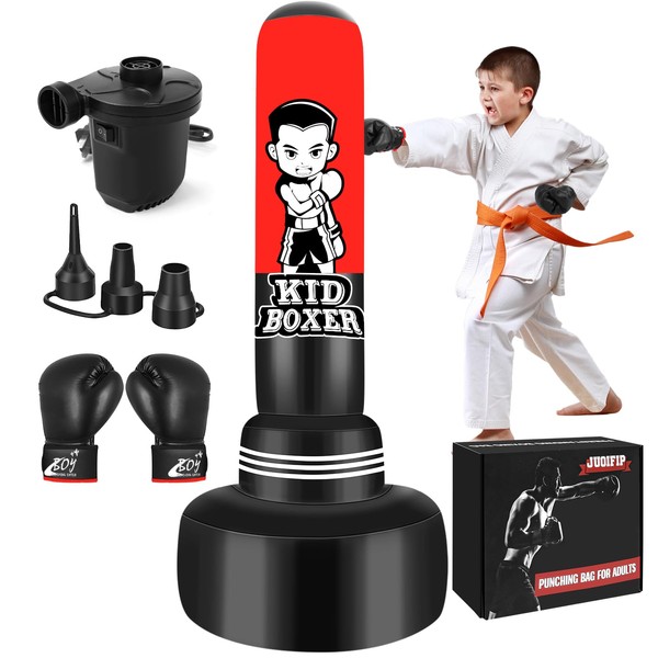 JUOIFIP Punching Bag for Kids Set 65”Large Three-Tier Design Stable, Inflatable Boxing Bag Set Toy with Boxing Gloves and Electric Air Pump, Kid Standing Bag for Boys Girls Age 3-15 Training Karate..