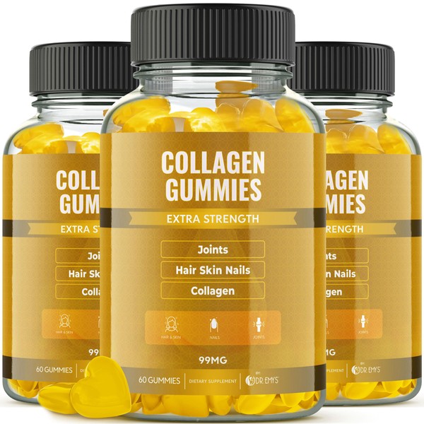 Dr. Emy's Collagen Gummies Gummy Vitamin for Women & Men, Hair, Skin, Nails, Joint Supplement. Anti-Aging Collagen Gummy Supplements. Strengthen Hair, Skin and Nails. Gelatin-Free. 60 ct Each. (3)