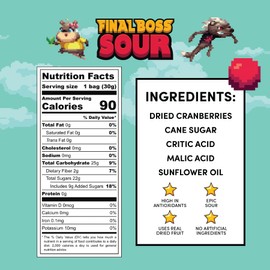 Final Boss Sour Candy, Sour Cranberries, 10 Pack, Level 2, Fruit Chews with Real Dried Fruit, No Artificial Colors or Flavors, Low Calorie Snack for Kids, Teens, Adults, Lunch Boxes & On The Go