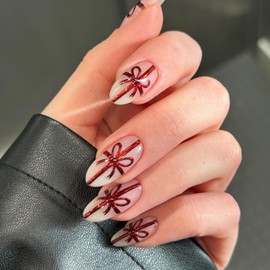 Christmas Press on Nails Medium Almond Fake Nails Red Butterfly Node False Nails with Diamond Designs Glossy Finish Christmas Artificial Nails Cute Glue on Nails for Women Manicure DIY 24Pcs