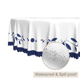 TTQYFNM White Navy Blue Round Tablecloth 60 Inch Minimalism Blue Leaves Bordered Farmhouse Circle Table Cloth Waterproof and Stain Resistant Fabric Table Cover for Kitchen Dining Room Patio Home Decor