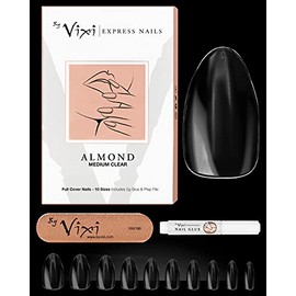 By Vixi 600 pieces MEDIUM ALMOND NAIL SET with FREE GLUE & PREP FILE, 10 Sizes – Clear Express Full Cover False Fingernail Extensions for Salon Professionals & Home Use