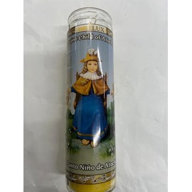 Brilux Saint Child of Atocha (Santo Nino de Atocha) Unscented Yellow Pillar Candle in Glass