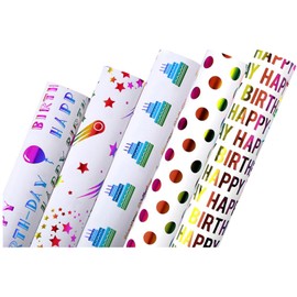 Aikeis 5 Sheets Birthday Wrapping Paper - Colourful Birthday Wrapping Paper Designs for Parties, Holidays, Baby Showers, Suitable for Boys and Girls (50cm x 70cm)