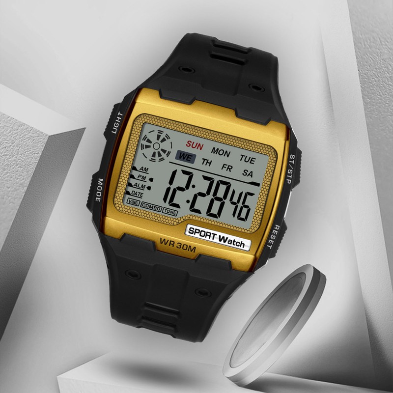 Digital Sport Watch Large Display LED Alarm Clock Shockproof 12/24