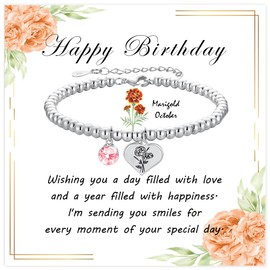 Halora Silver Bracelet for Women, 925 Sterling Silver Birthflower Bracelets October Birthstone Bracelet Friendship Jewellery Birthday Gifts for Mum Sisters Her