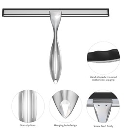 Shower Squeegee for Glass Door 12-Inch Stainless Steel Bathroom Squeegee Window Wiper, Includes Shower Door Hook, Adhesive Hook, and Spare Silicone Blade for Window Mirror Car All-Purpose Squeegee
