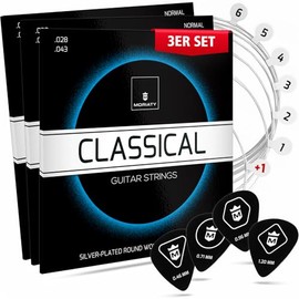 MORIATY® Classical Guitar Strings, Nylon and Silver, Acoustic Guitar (7 String Set) Includes 4 Plectrums + Extra High E String (Set of 3) (3 Set)