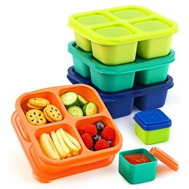 Caperci Lunchable Snack Containers - 4 Pack Bento Snack Boxes with 4-Compartment, 2 Leakproof Dip Cups, Reusable Divided Food Containers for School, Work, Travel (Jewel Brights)