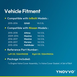 Ynovvo Engine Valve Covers Left & Right with Gaskets & Bolts for Nissan Maxima 09-14 16-17, Murano 15-17, Altima 15-18, Pathfinder 15-16, for Infiniti QX60 15-16 3.5L Replace 13264-9N00A 13264-9N00B