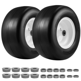 13x6.50-6 Flat Free Tire and Wheel 2 Pack, Solid Smooth Zero Turn Lawn Mower Front Tire Assembly, 3/4" Bearings Pre-assembled, 4"-6.2" Centered Hub and Extra 5/8" & 1/2" Bushings