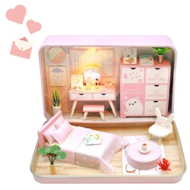 Crafts&Co® DIY Miniature House with Furniture | DIY Dollhouse Adult | Wooden Dollhouse Kit | Wooden Mini House Model with Light | 1:18 | Pink Bedroom