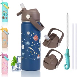CHARMDOMI Termos para Agua Niños,Botella de Agua 18 oz,Thermos Kids Rosa/Azul/Amarillo/Verde,Acero Inoxidable Doble Capa con Popote,Termo y Botellas Frio y Caliente (Azul)