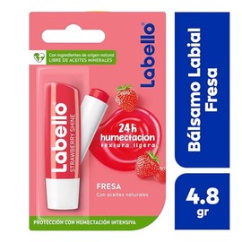 LABELLO Bálsamo labial con color Fresa (4.8g) protector labial con Vitamina E libre de aceites minerales 24 horas de humectación