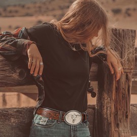 SANSTHS Western Belt Cowboy Belt for Men Women Western Leather Belt Bull Buckle Belt Embossed Leather Belt for Jeans, Brown/Long Bull Buckle